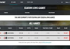 The FantasyBet season page, displaying the games you can participate in