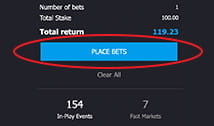 The ‘Place Bets’ button on the bet slip
