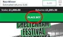 QuinnBet confirm the selection with a red circle around the place bets box