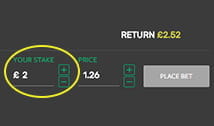 Your stake selection window at Smarkets where you can choose a bet amount and view the calculated return