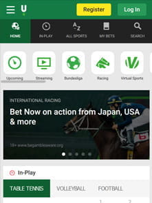 Unibet's home page of the app 